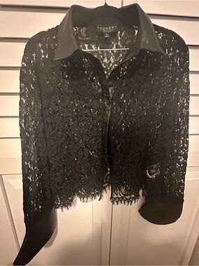 Laundry By Shelli Segal Black Lace and Leather-Trim Blouse